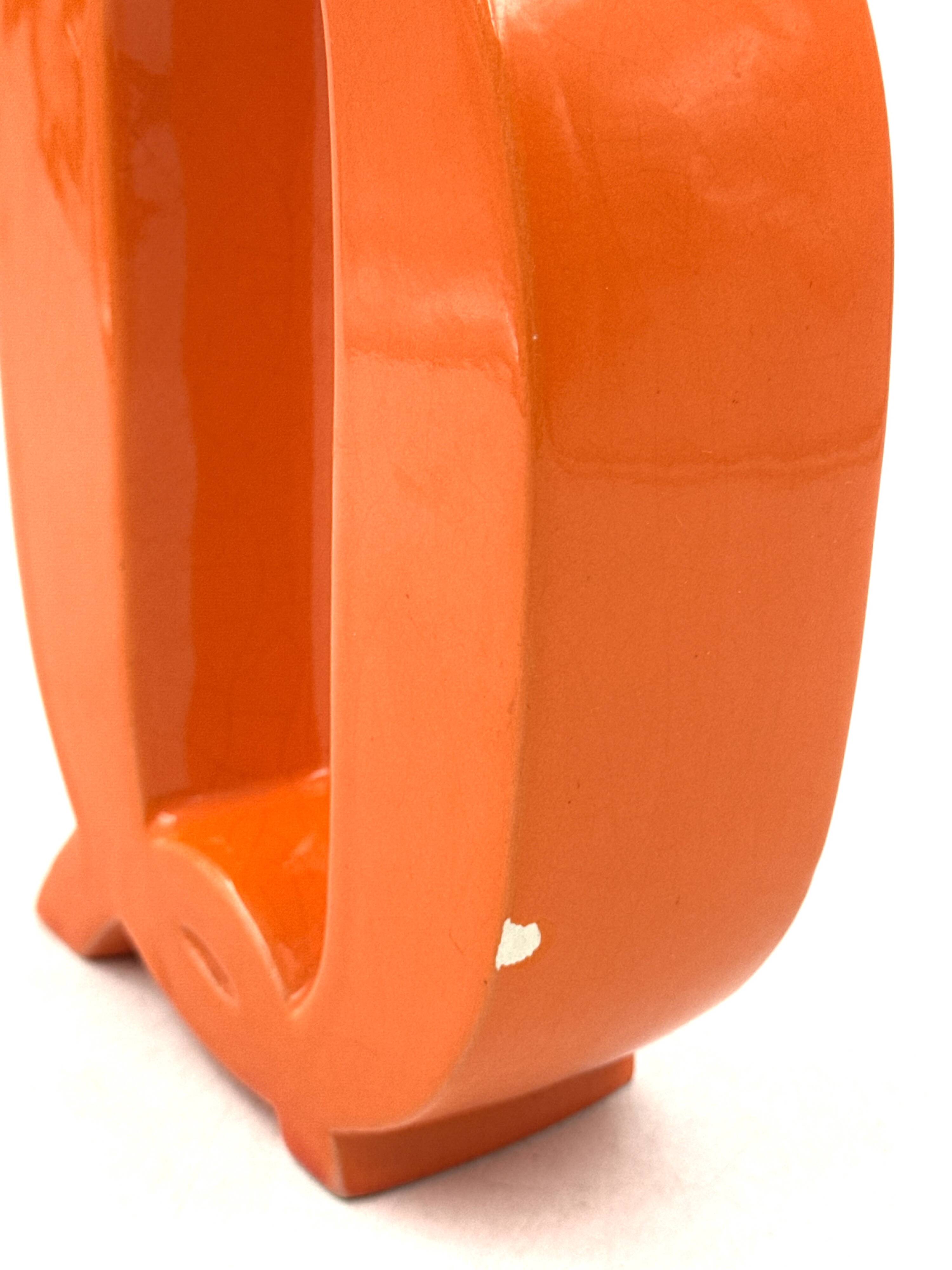 Space age orange Q letter shaped ceramic vase, Marcel Radureau France 1970