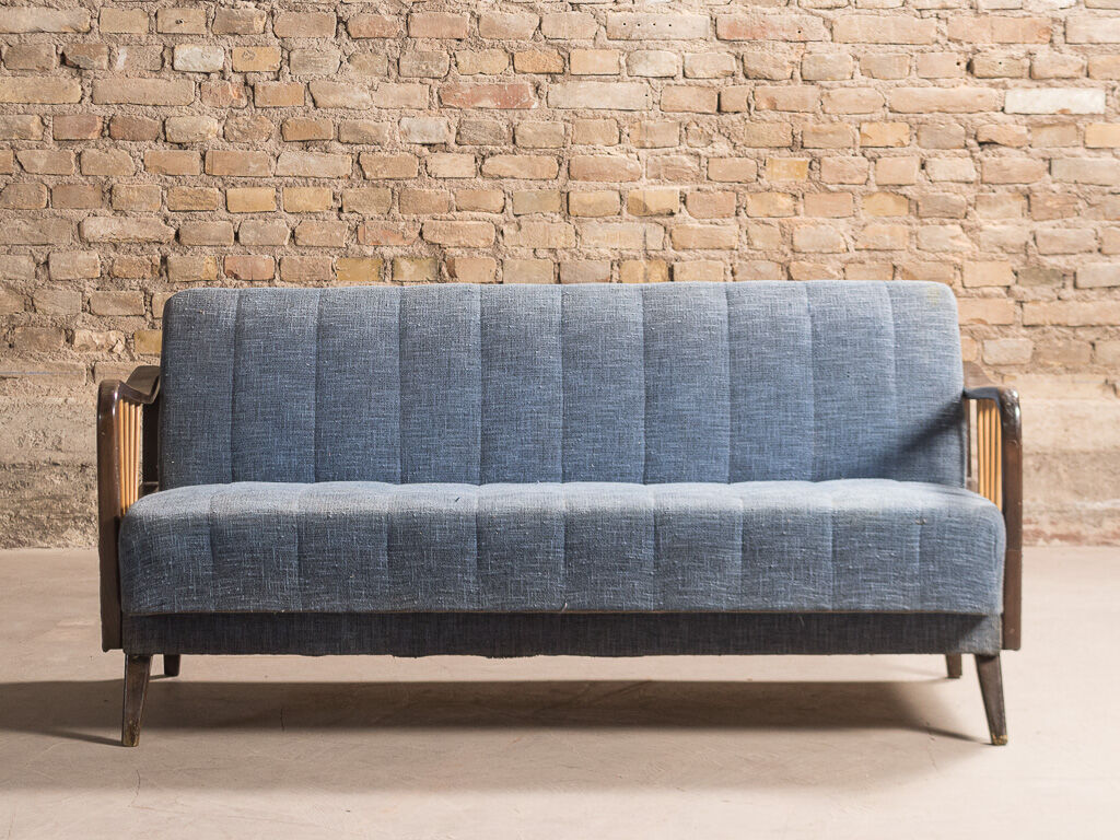 Sofa bed in solid beech with blue fabric, circa 1970