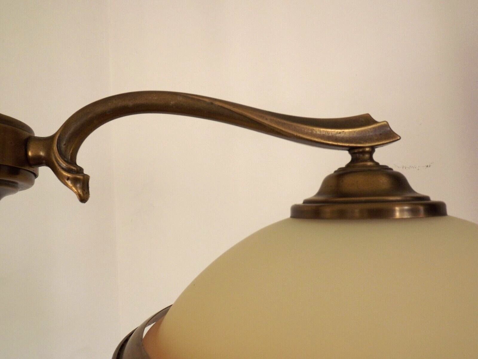 French Mid Century Bronze Billiard Light 2 Cream Amber Round Glass Shades 3921