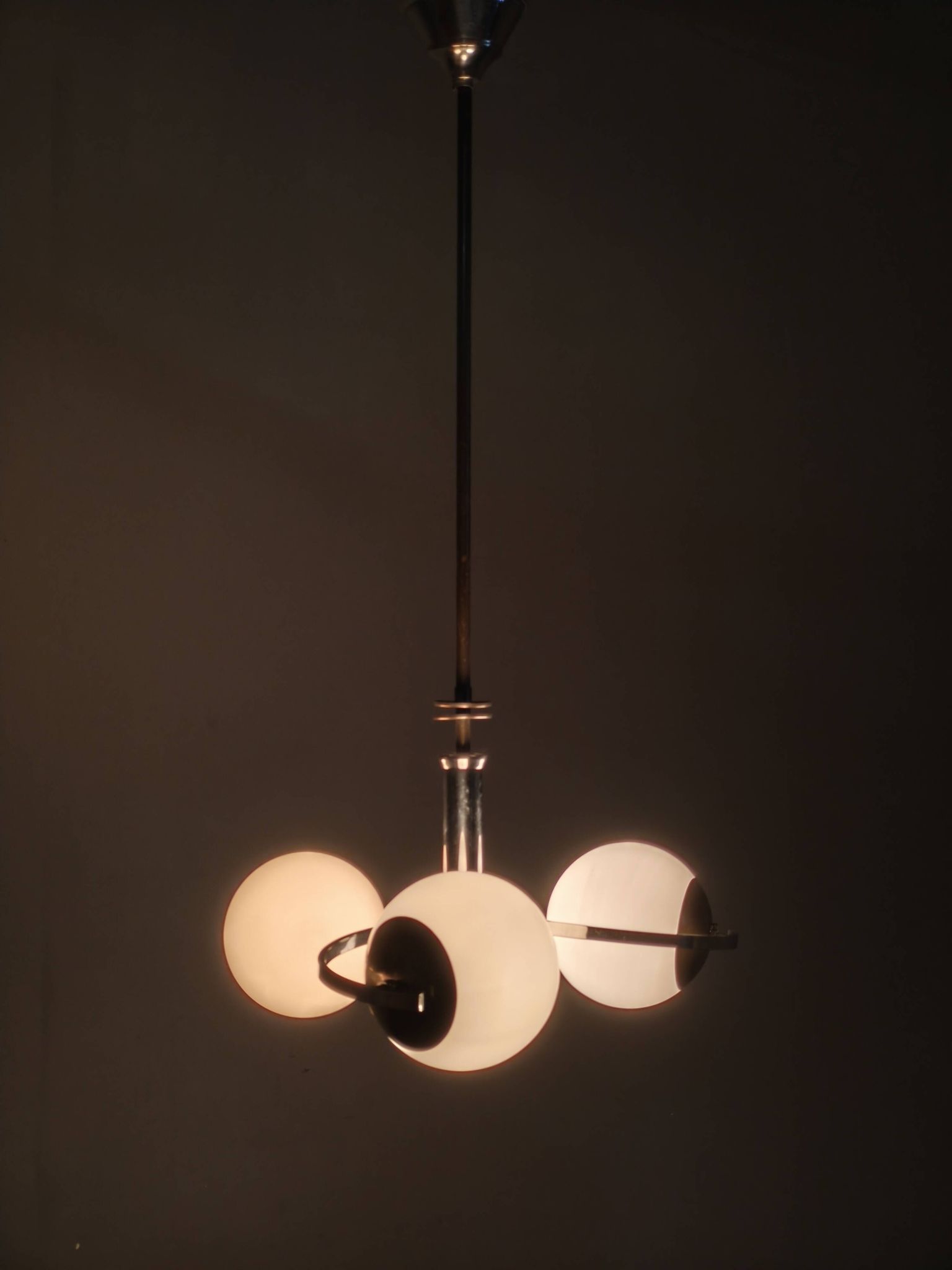 Czech Art Deco Chrome and Opaline Glass Chandelier, 1930s