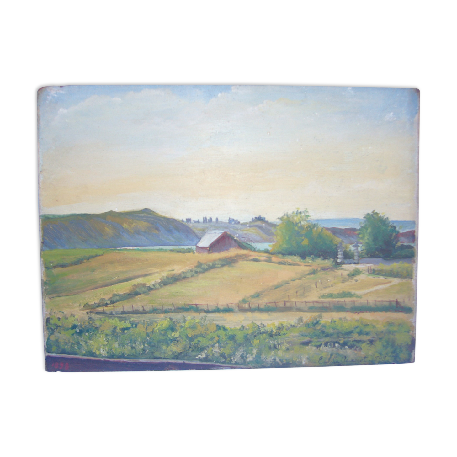 Ancient oil painting on wooden panel landscape signed, dated 1898