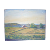 Ancient oil painting on wooden panel landscape signed, dated 1898