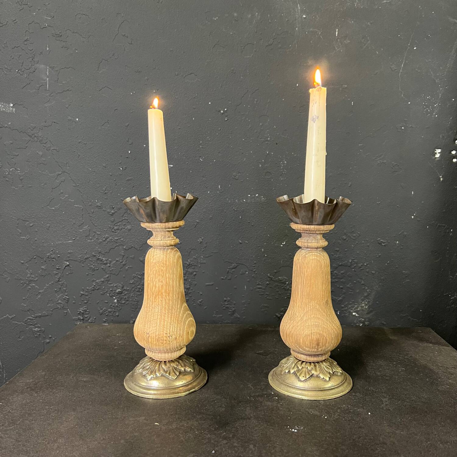 Old oak candle holder with bronze base