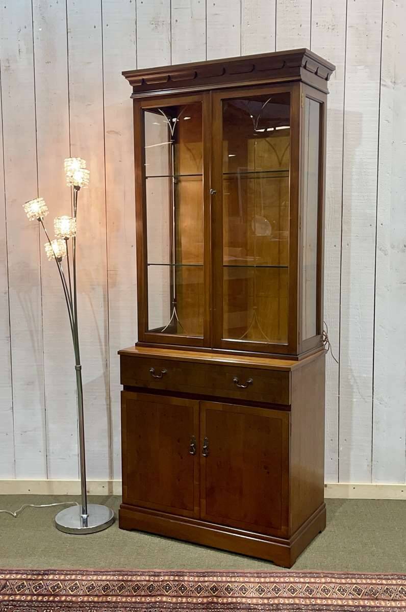 English display cabinet with two sections made of yew from the 1980s.