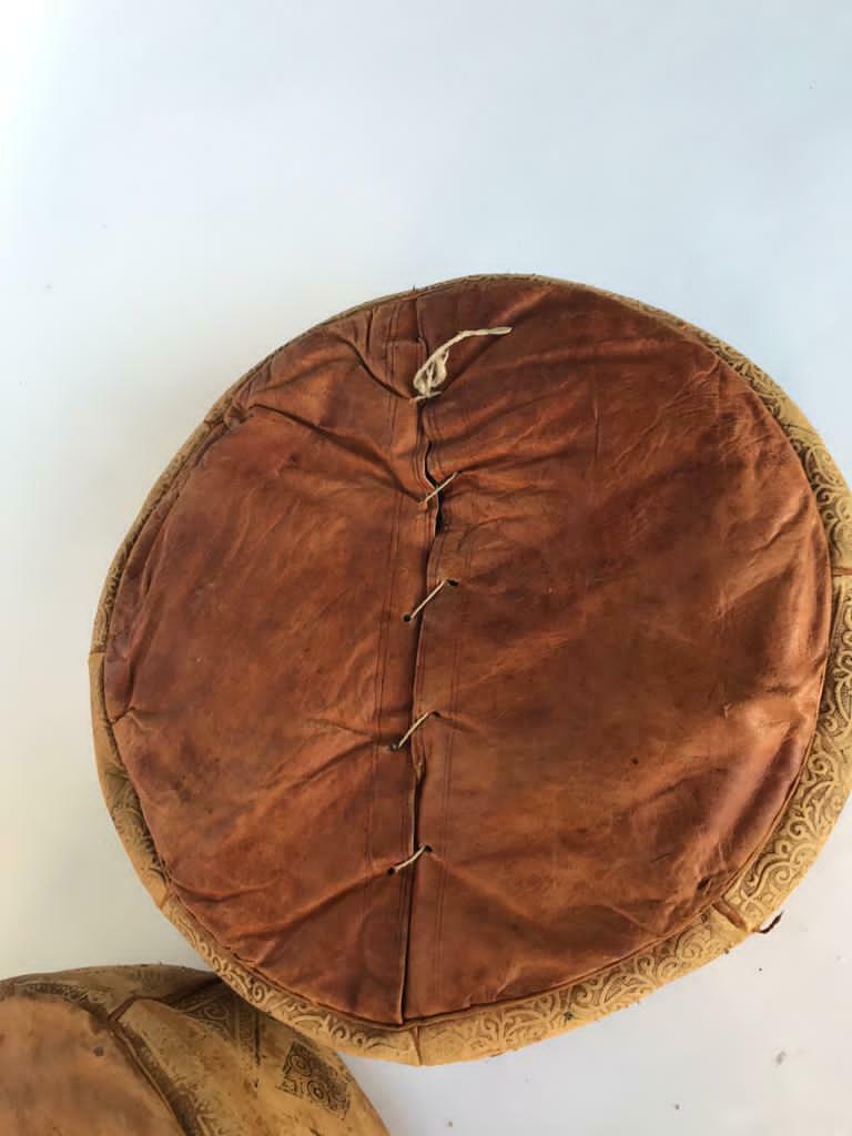 Pair of moroccan leather beanbags beautiful patina patina 1900