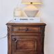 Louis XVI bedside table in walnut and marble - pink sculptures