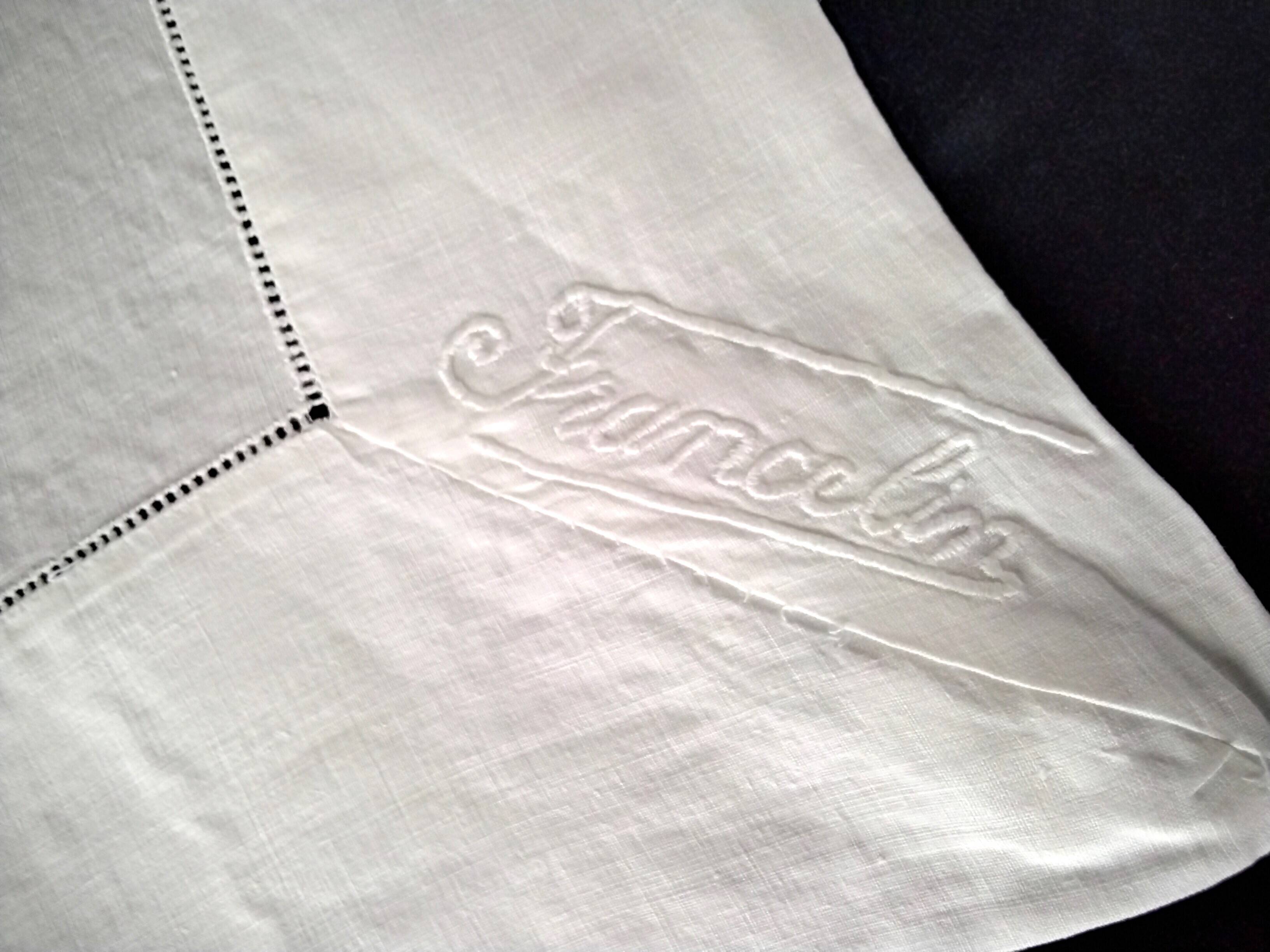 White linen tablecloth with handmade stitching 1.55 x 1.88 m