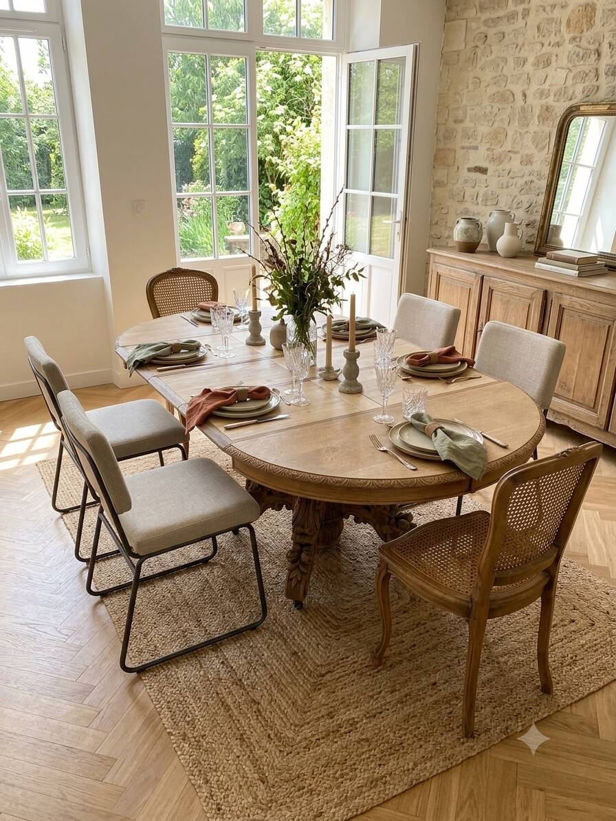 Round extendable dining table Napoleon III renovated in 19th-century oak.