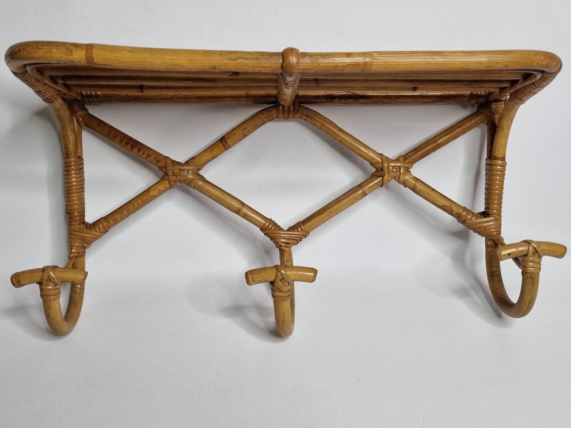 Vintage Rattan Wall Shelf with Hooks – 60s/70s