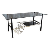 Table basse moderniste en métal et verre fumé - années 50/60