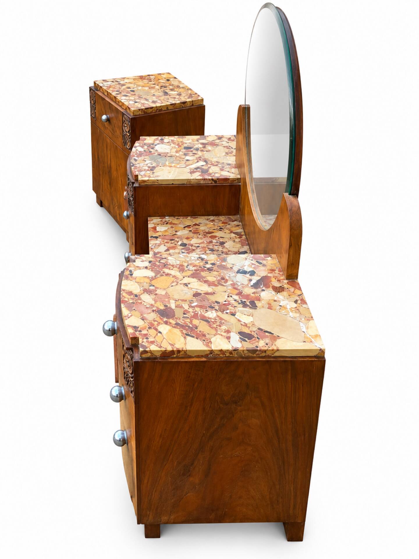 Ensemble coiffeuse 1930 Art Déco en Noyer avec dessus marbre et chevet