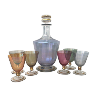 Set of 6 colored glasses and decanter