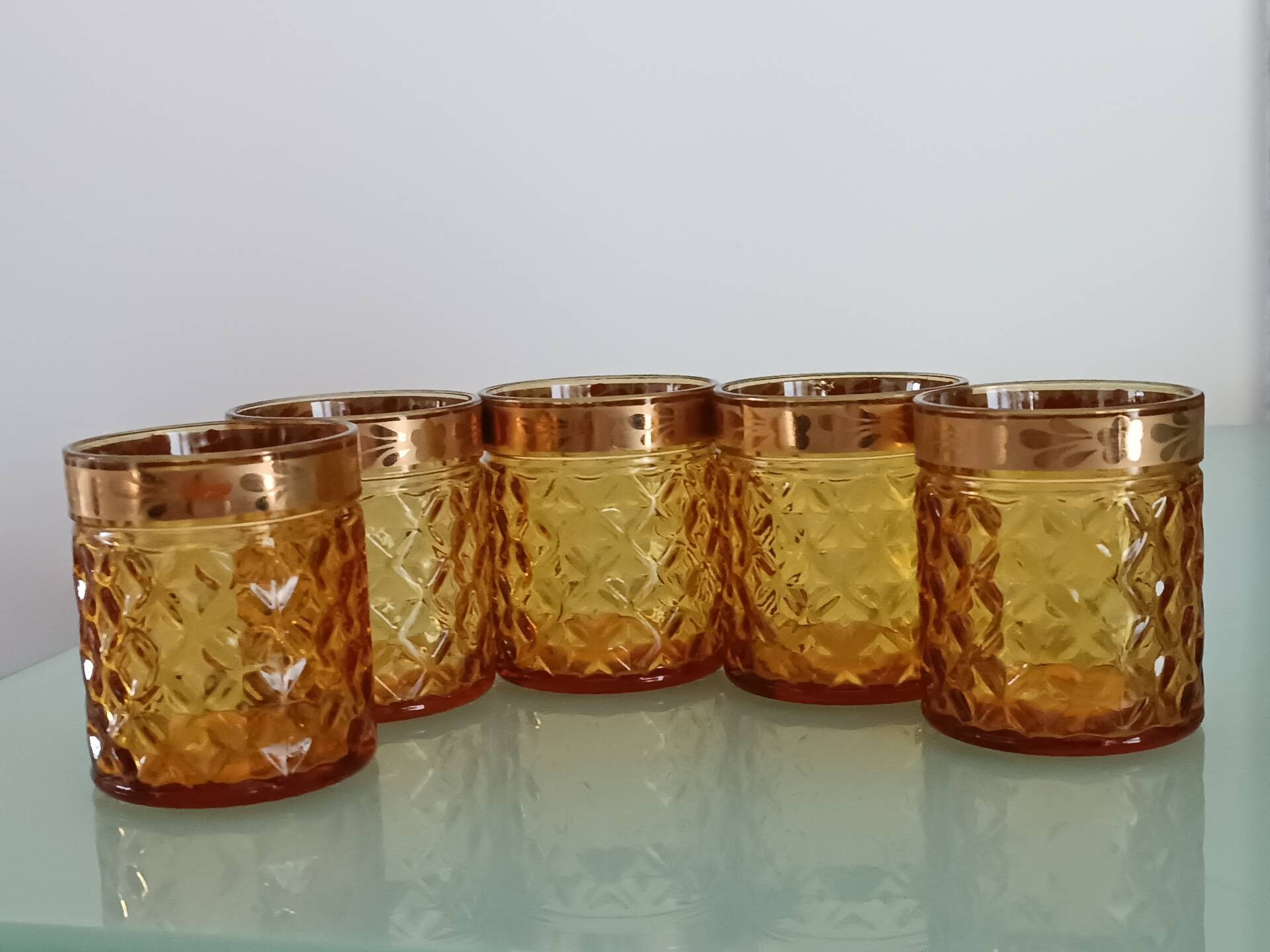 Vintage Bormioli Rocco service – carafe and 5 amber glasses