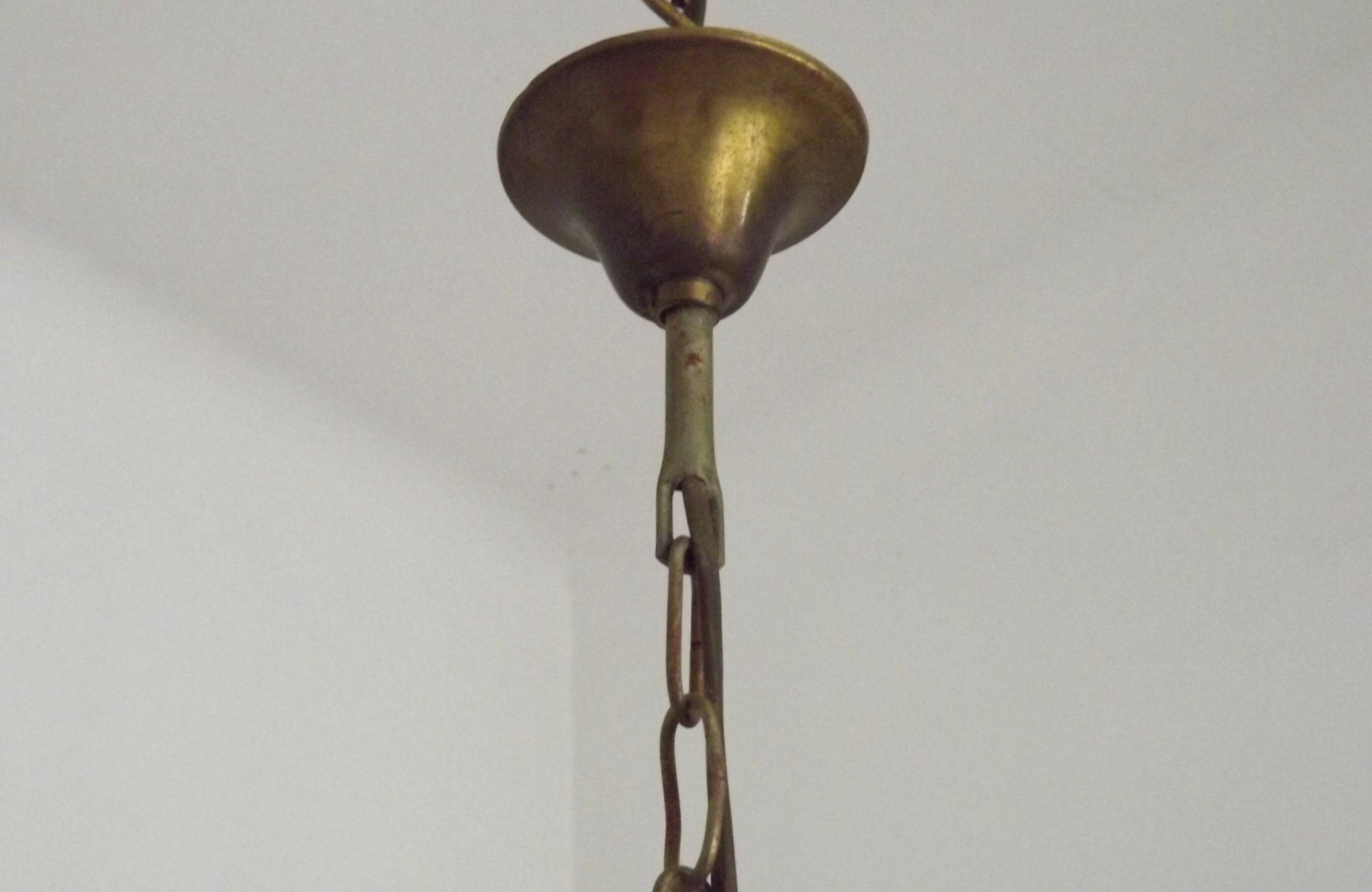 French Vintage Capiz Shell Hanging Pendant Light in Brass Metal and Copper