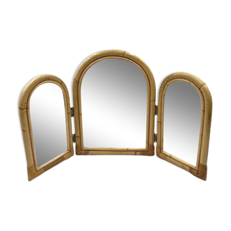 Bamboo three flaps table mirror / vanity, Italy 1960s