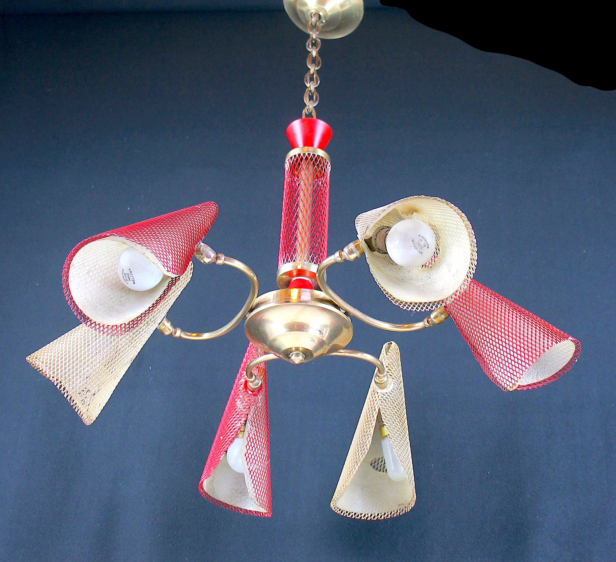 Bi-color chandelier, perforated metal, France Mid-Century