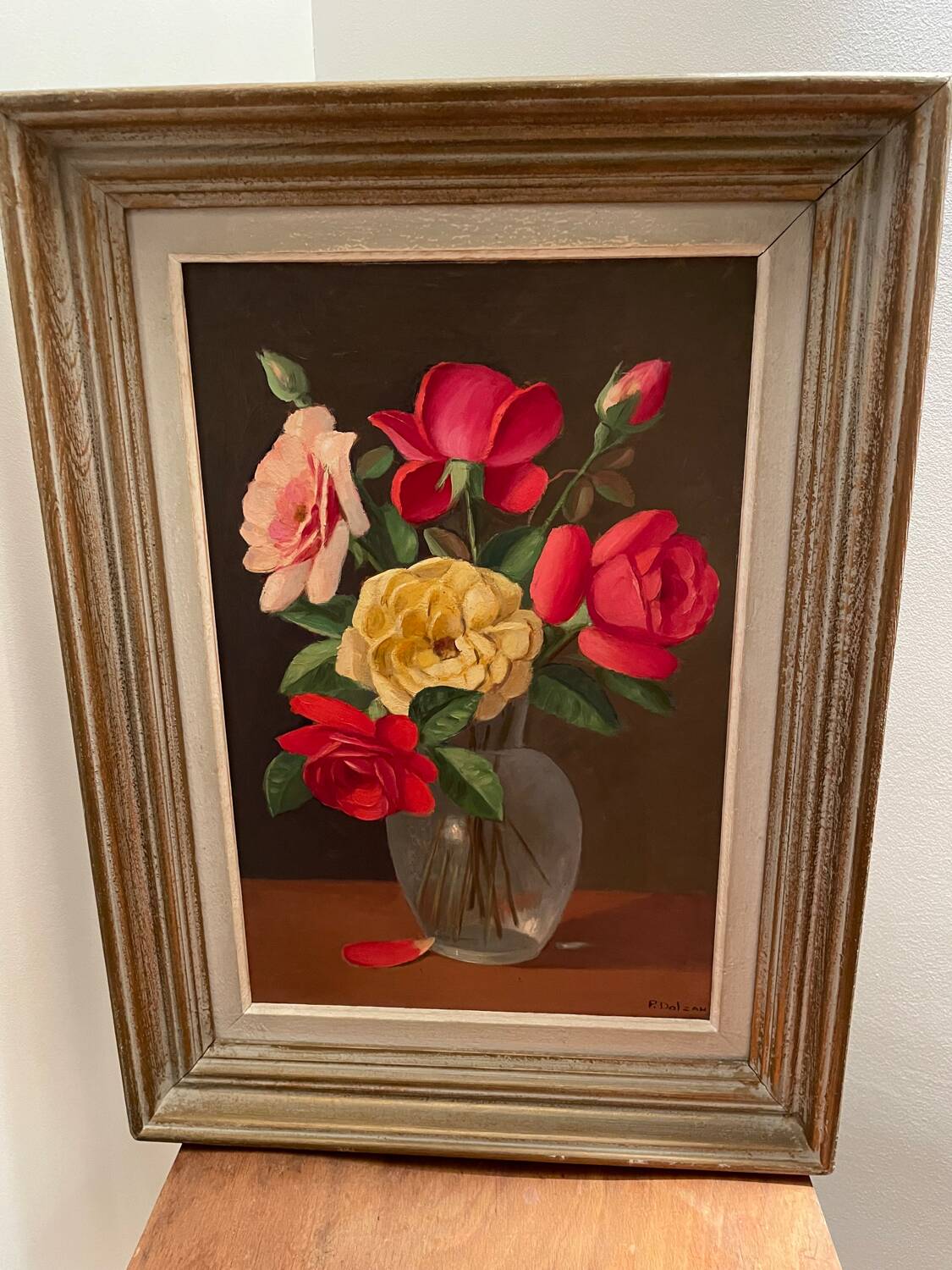 Painting bouquet of roses signed Primo Dolzan