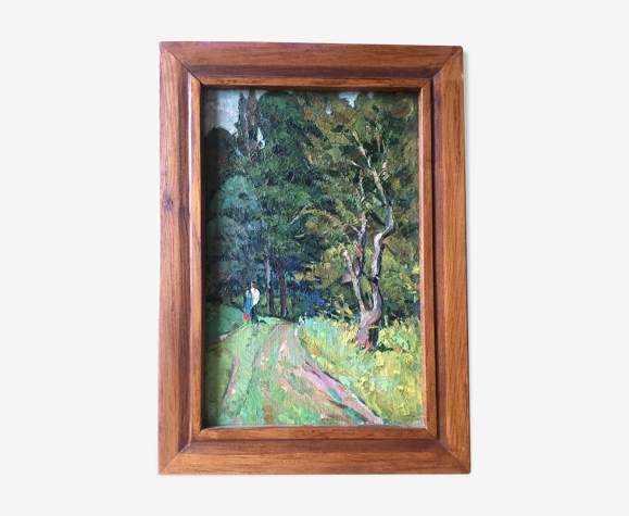 Tableau huile sur carton "la promenade en foret"