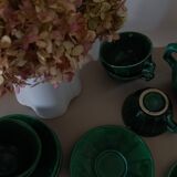 Iridescent green tea or coffee service in Lunéville K&G earthenware. 6 cups and an Art Deco sugar bowl