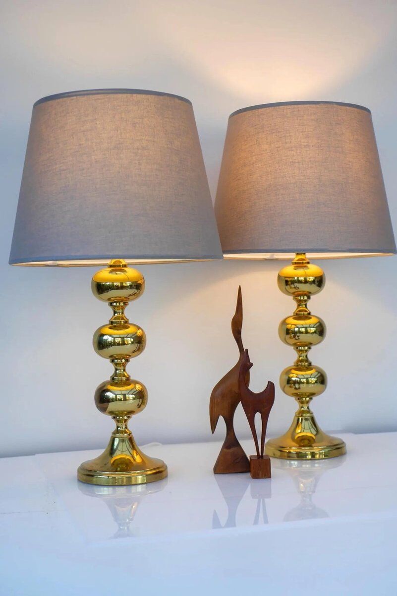 Scandinavian modern space age brass table lamps from Nafa, Sweden, 1970s, set of 2