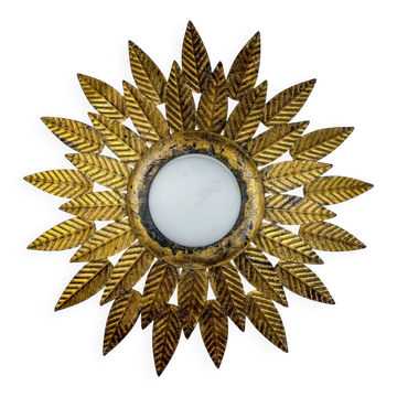 Flower sunburst ceiling light fixture, gold leaf gilt iron & milk glass, Spain, 1950s