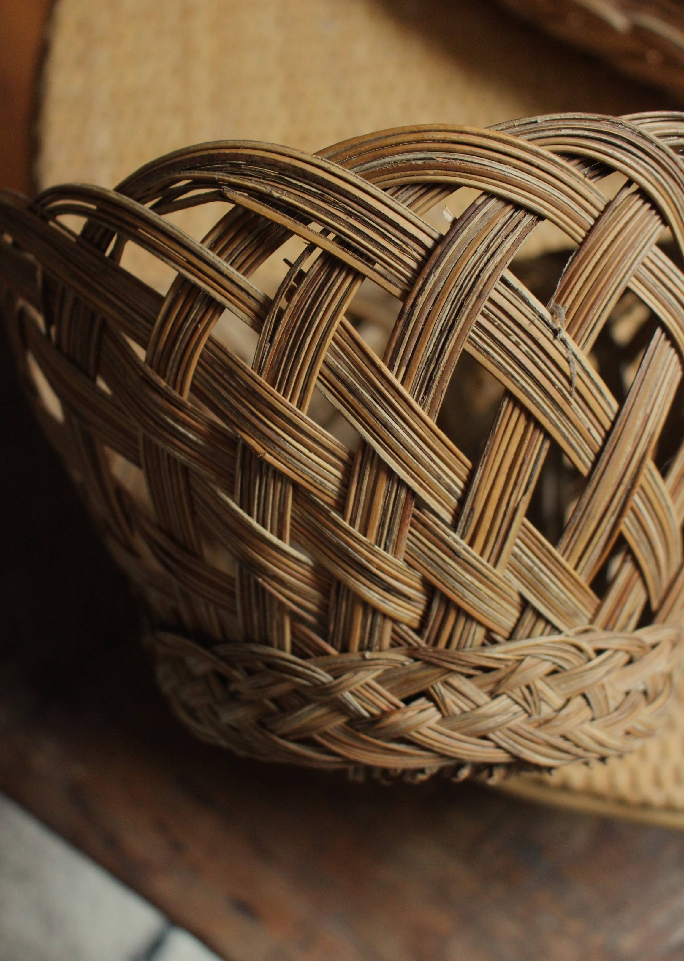 Small tall vintage openwork wicker basket