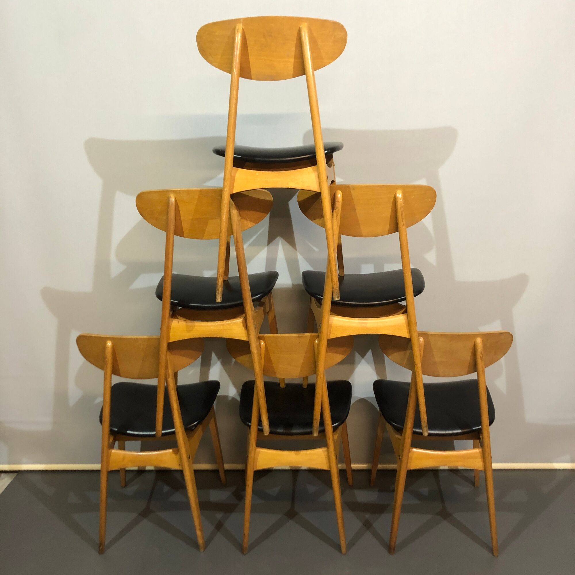 12 stella 1950 chairs in signed curved wood