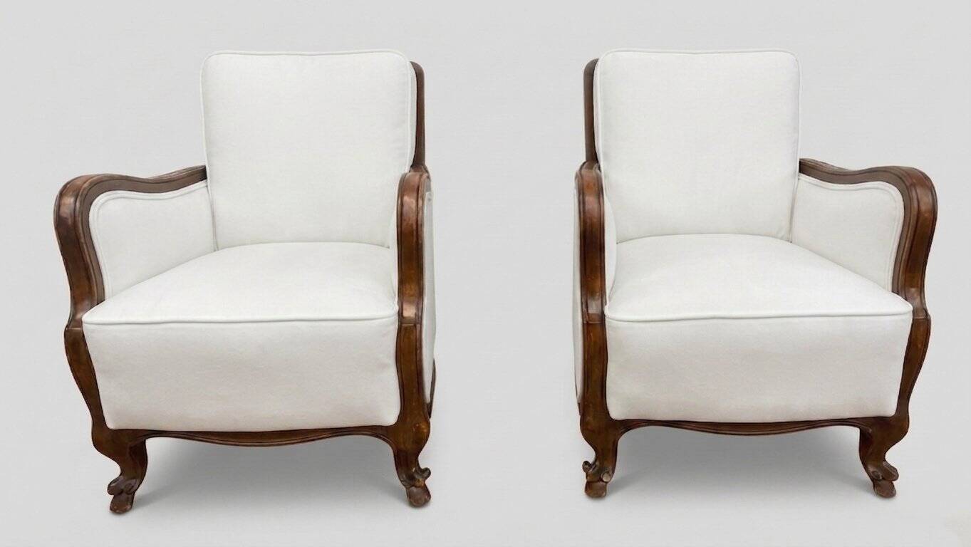 Classic Italian Armchairs with White Upholstery, 1920s, Set of 2