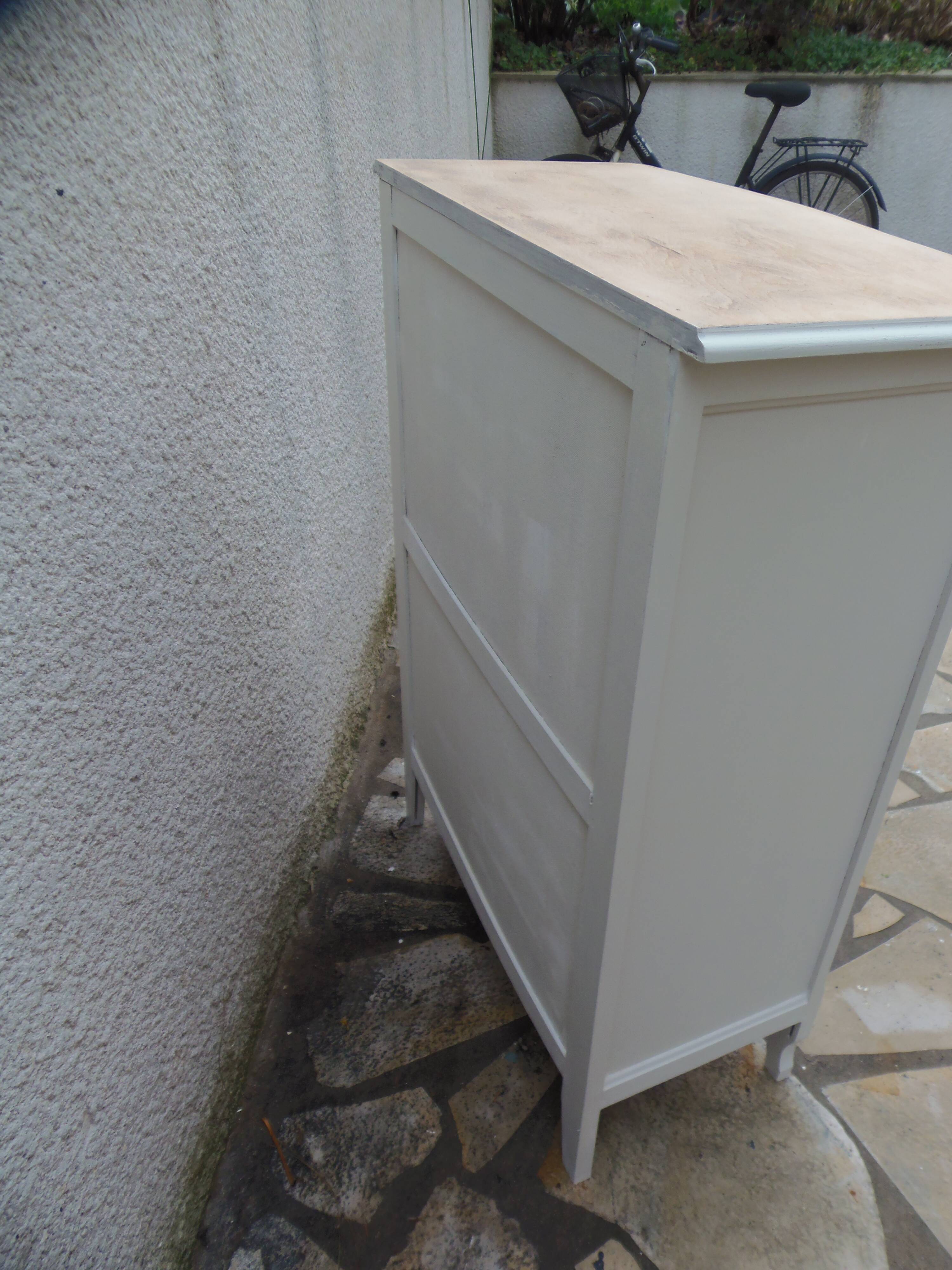 Small vintage buffet reimagined in pearl grey, wooden top.