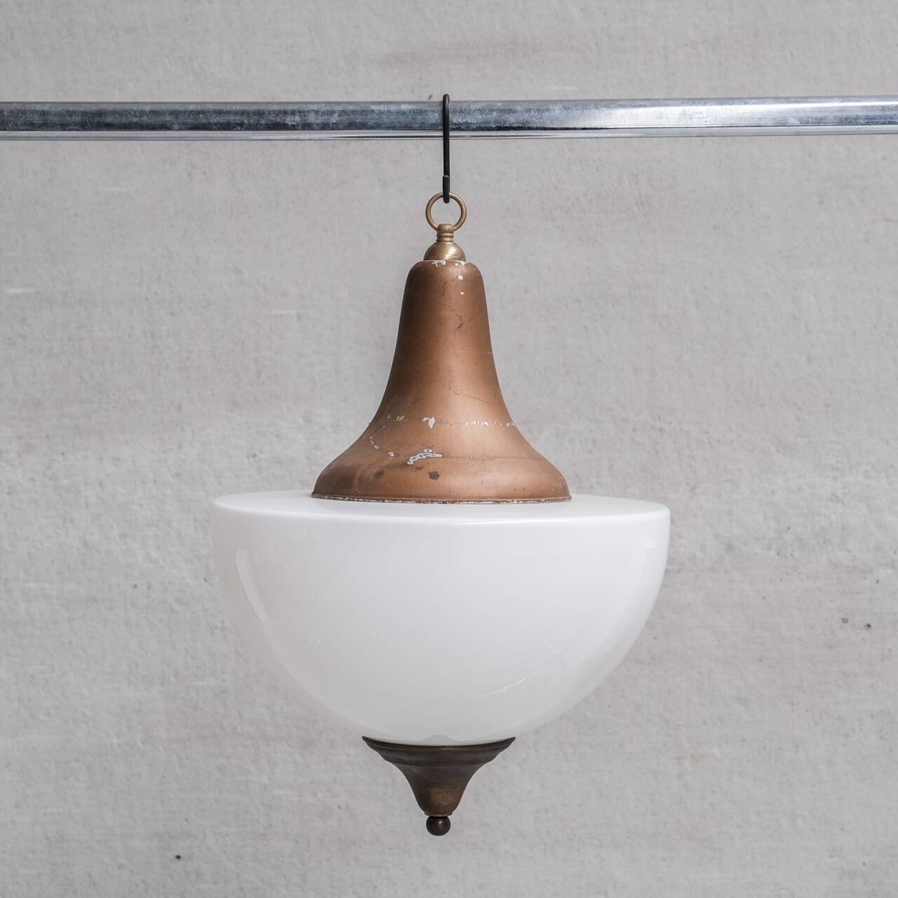 Large mid-century metal and opaline glass french pendant light