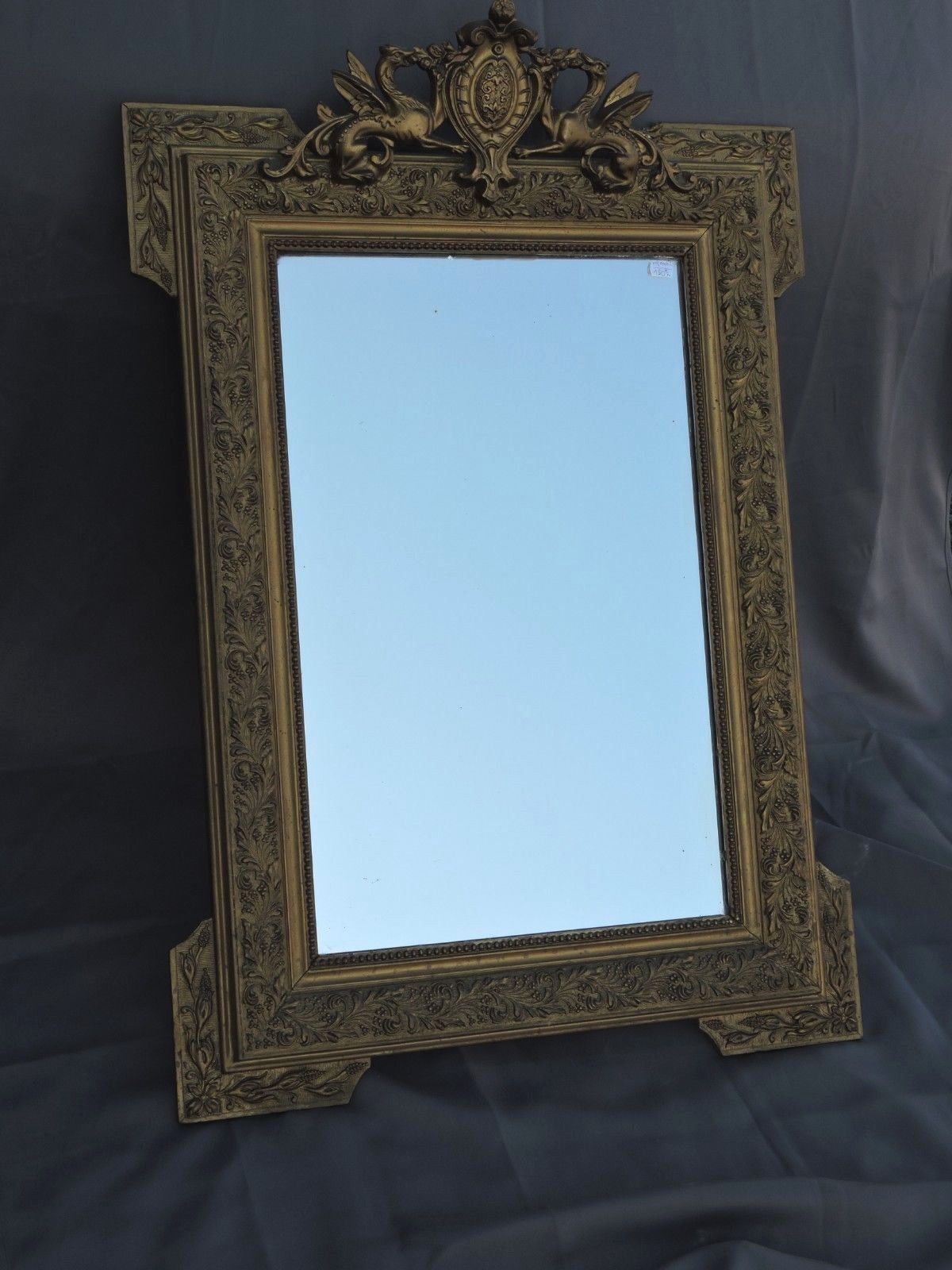 Glass or golden mirror of old fireplace 67x100cm pediment with chimeras