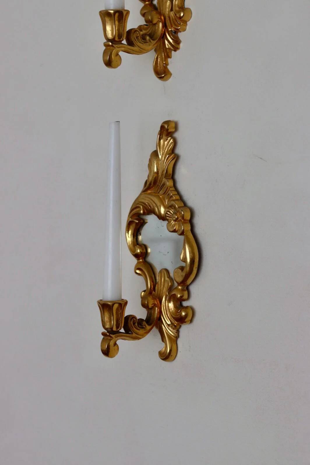 Pair of vintage brass wall lights with mirror