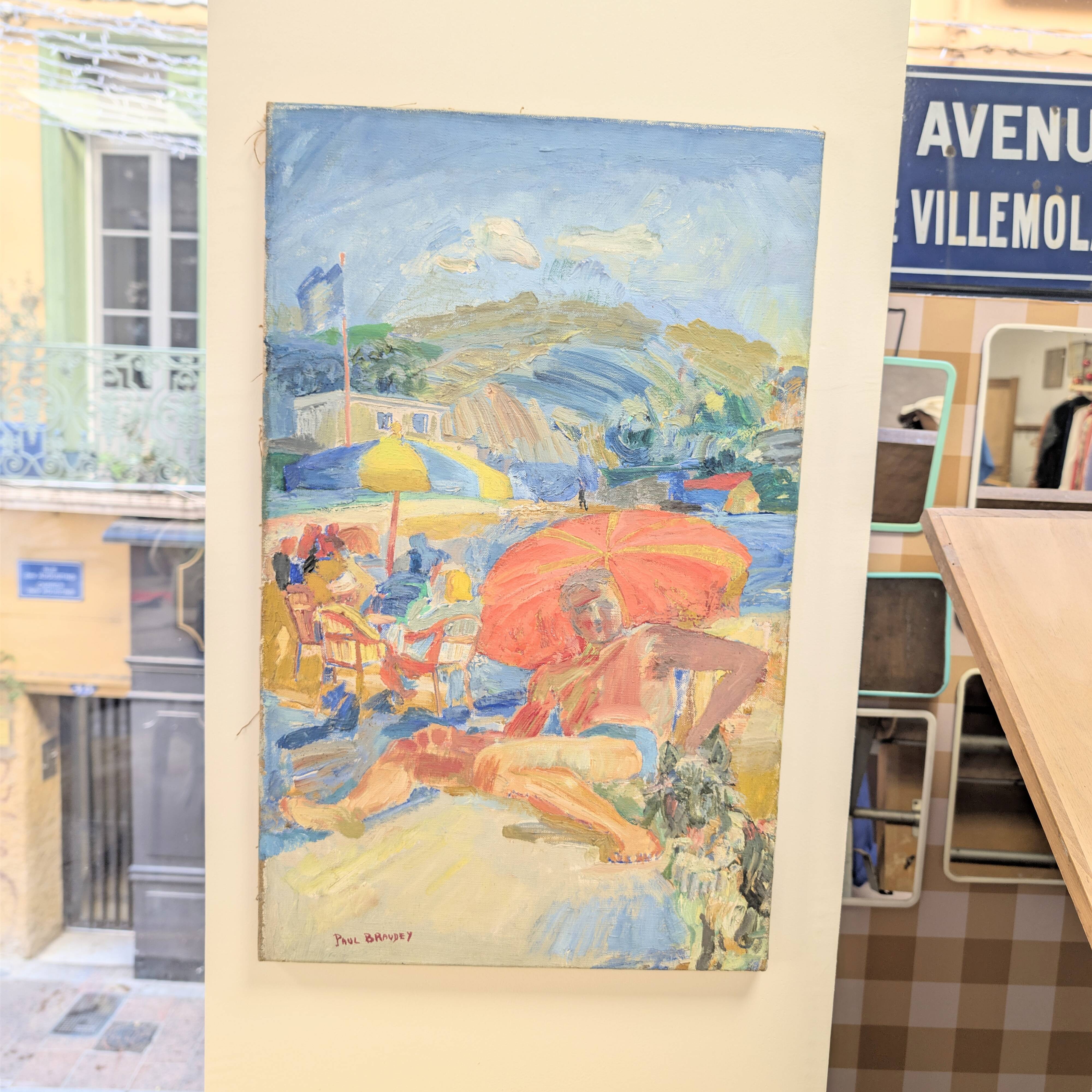 Canvas signed by Paul Braudey – Beach scene, oil on canvas 61 × 38 cm