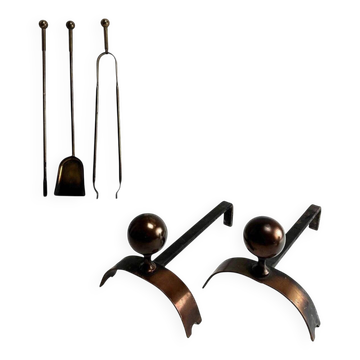 Mid-Century Brass and Metal Andirons, Italy, 1950s, Set of 2