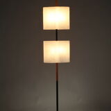 Scandinavian floor lamp in black lacquered steel and teak with two diffusers