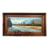 Tableau, huile sur carton « Rivière dans les Alpes »