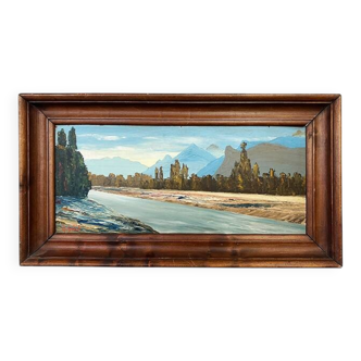 Tableau, huile sur carton « Rivière dans les Alpes »