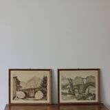 Vintage signed monochrome watercolors