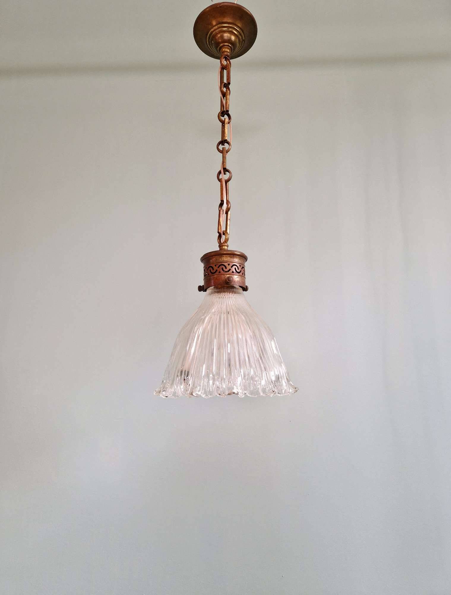 Art Deco Holophane pendant light in clear grooved glass, 1920-30