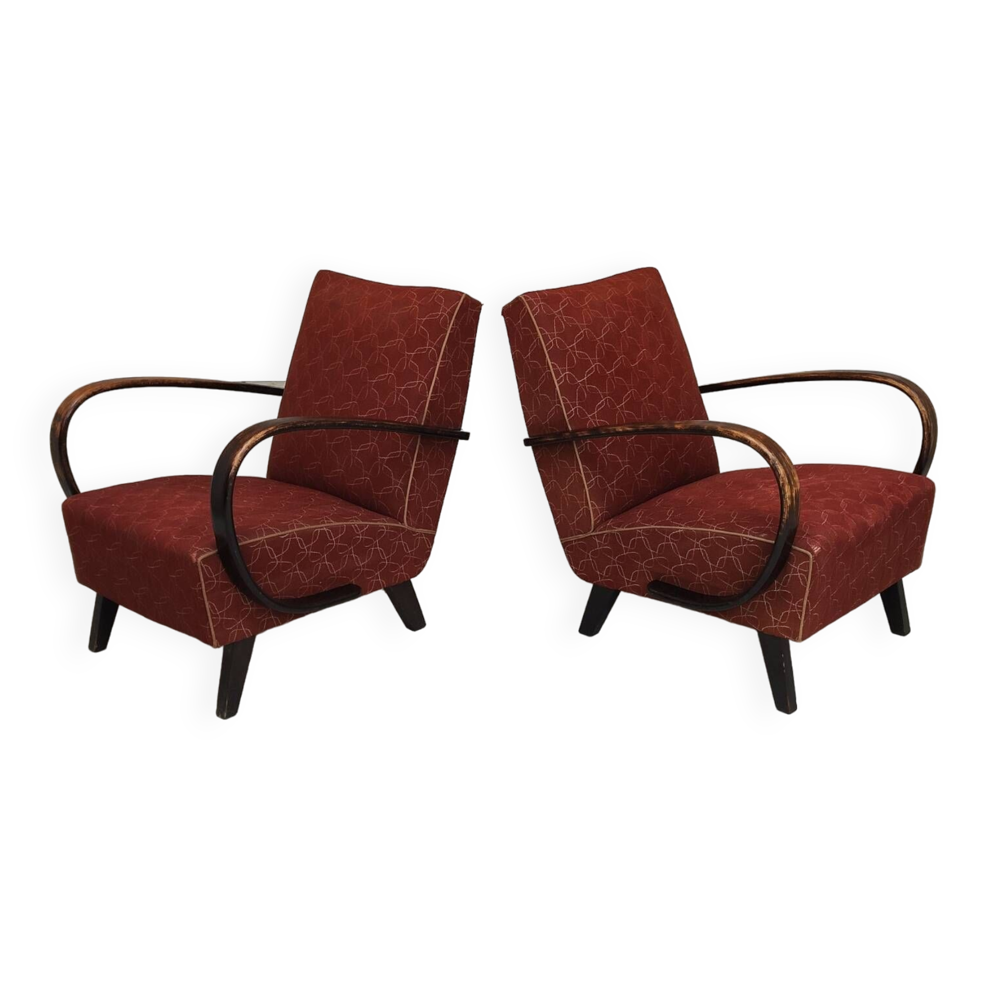 Pair of H410 Type C burgundy armchairs by Jindrich Halabala for Thonet