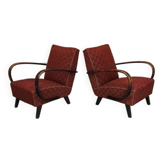 Pair of H410 Type C burgundy armchairs by Jindrich Halabala for Thonet