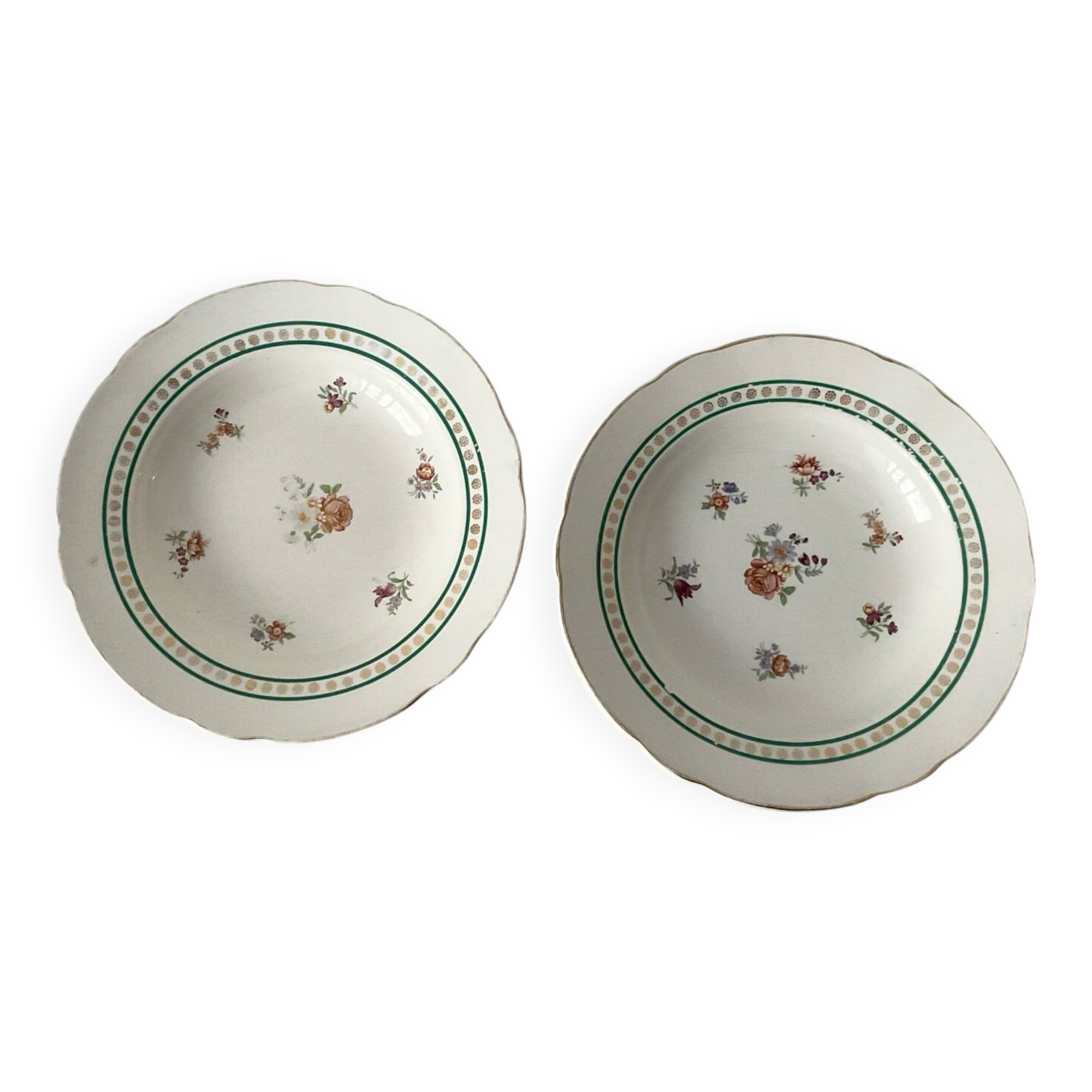 Pair of deep plates Sarreguemines — antique earthenware, floral decoration