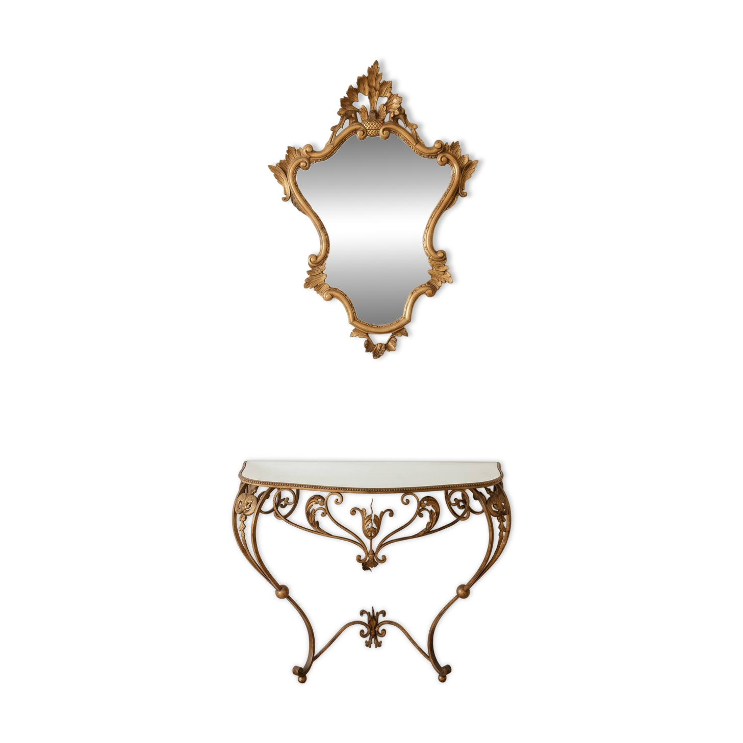 Golden wrought iron console and mirror in rococo style.