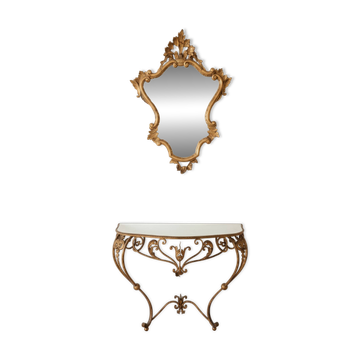 Ensemble console en fer forgé doré et miroir style rocaille