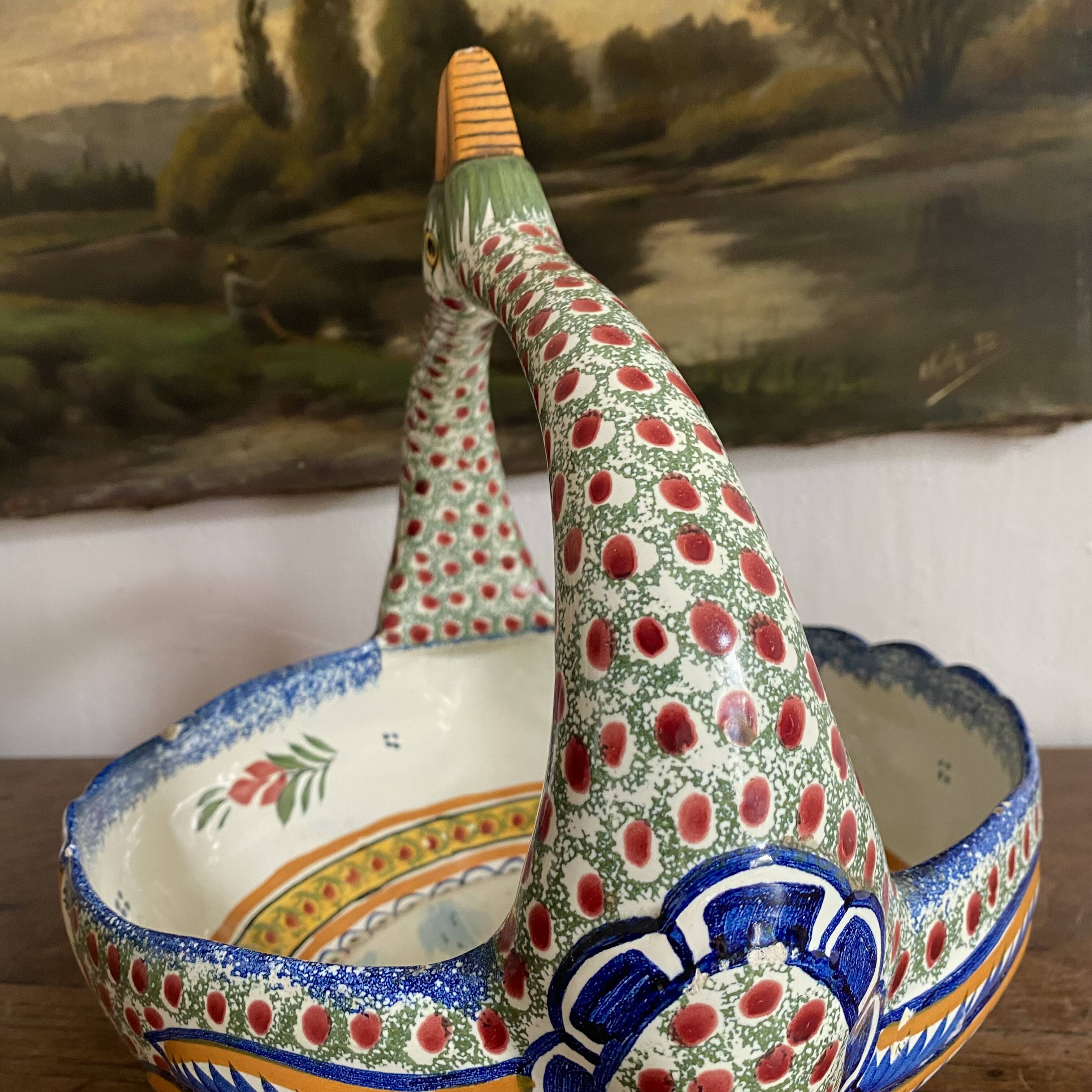 Fruit bowl, bird head handle HB Quimper Breton earthenware