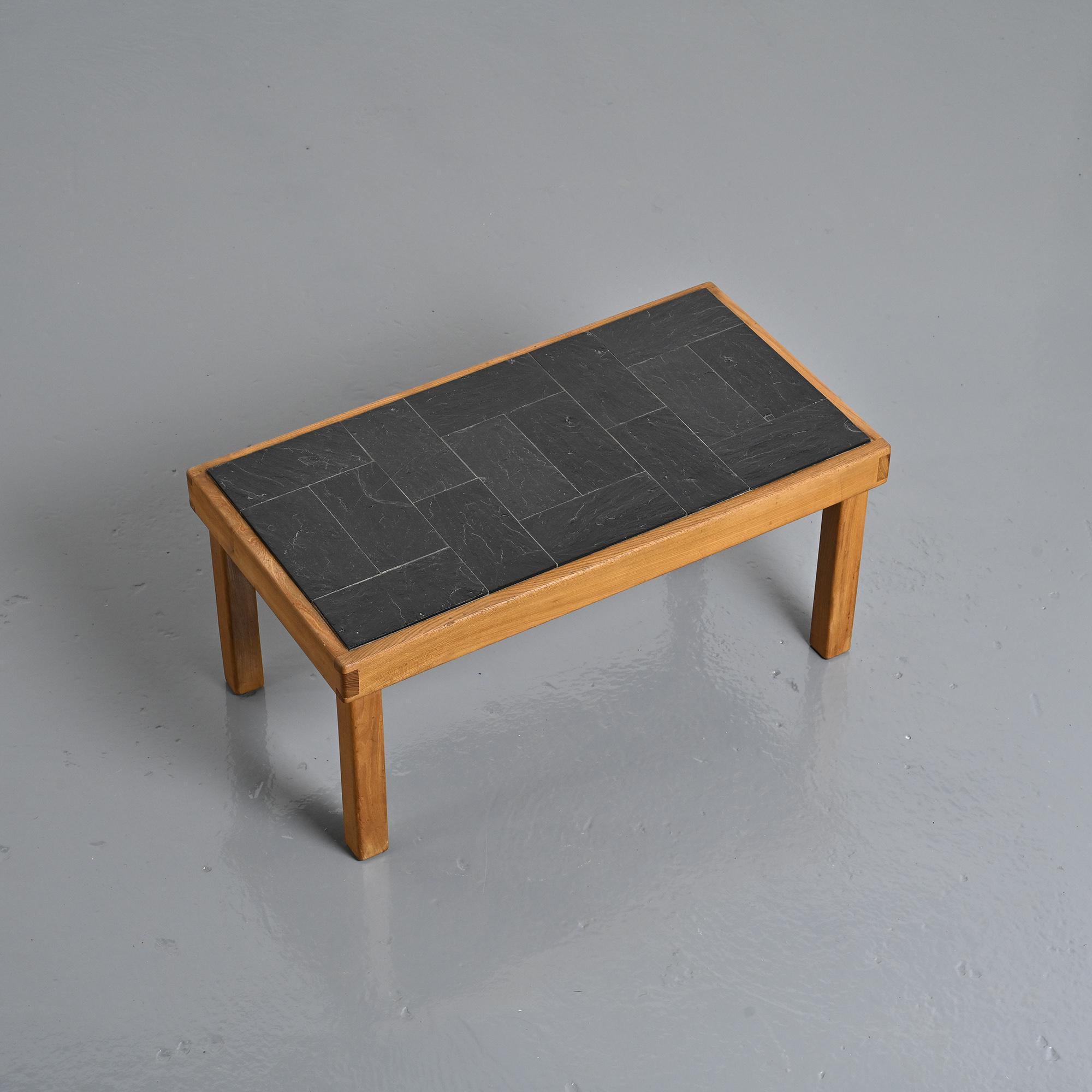 Slate and elm coffee table, Maison Regain, 1980