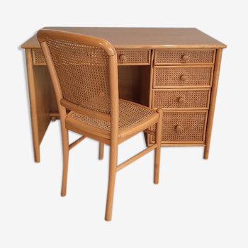 Ensemble vintage bureau et chaise assortis en cannage rotin, bambou et bois