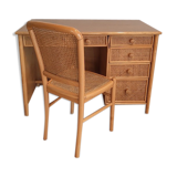 Vintage desk and matching chair set in rattan cannage, bamboo and wood