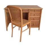 Ensemble vintage bureau et chaise assortis en cannage rotin, bambou et bois