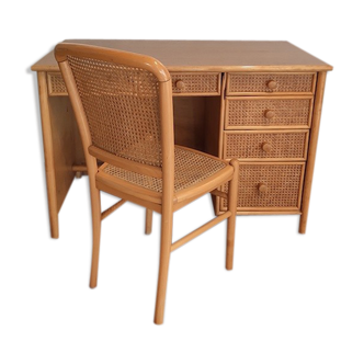 Vintage desk and matching chair set in rattan cannage, bamboo and wood